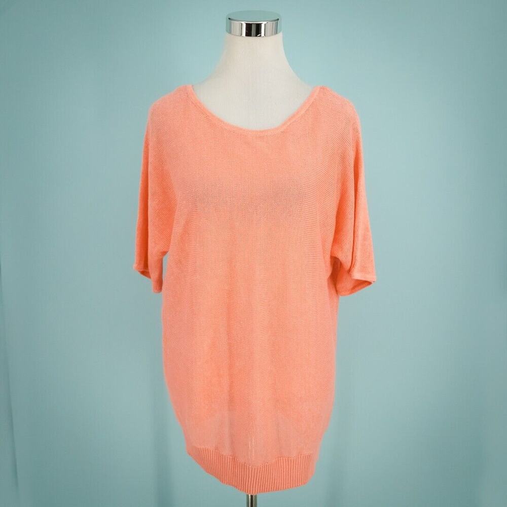 Talbots Size Large L Peach Scoop Crew V Back Short Sleeve 100% Linen Sweater NEW
